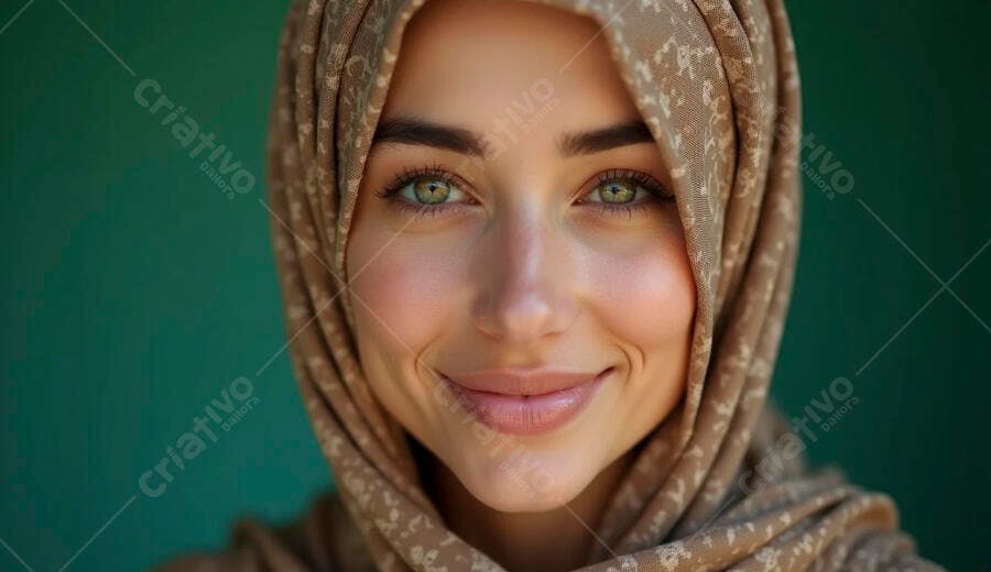 Mulher muçulmana sorrindo hijab bege olhos verdes fundo verde
