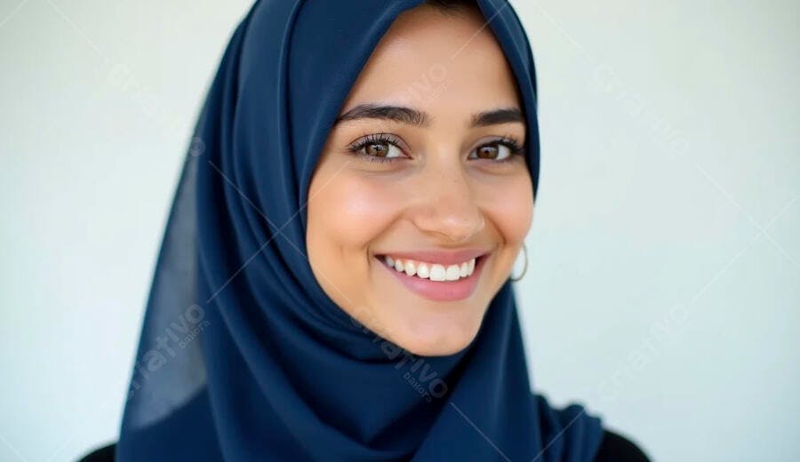 Mulher muçulmana jovem sorrindo com hijab azul marinho em estúdio