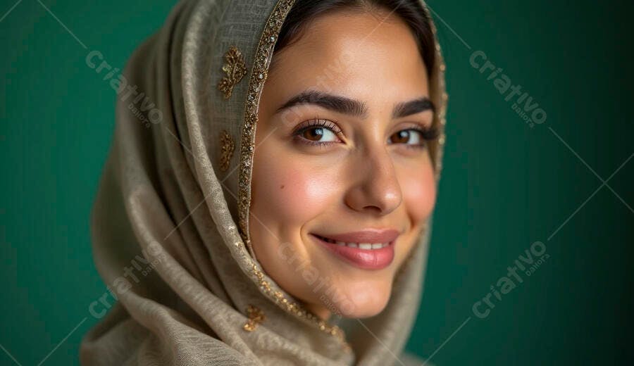 Mulher árabe sorrindo com hijab bege detalhado em fundo verde