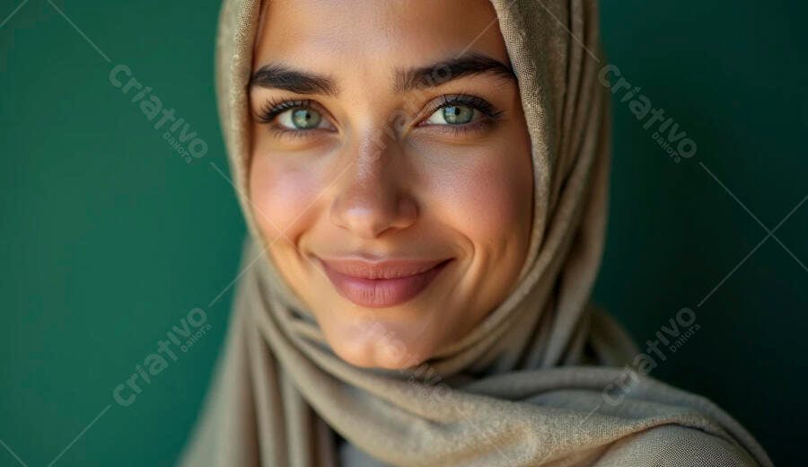 Mulher muçulmana jovem sorrindo com hijab bege e olhos verdes em fundo verde