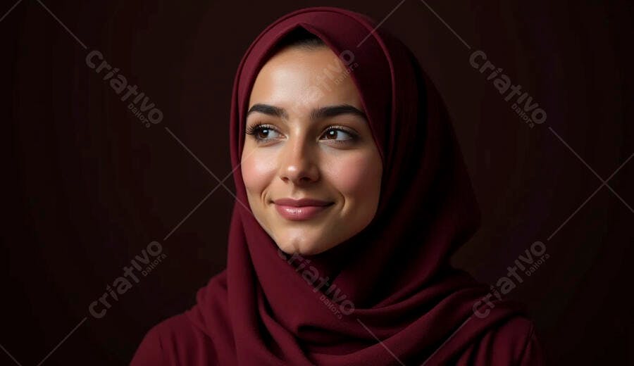 Mulher árabe jovem com hijab vinho sorrindo em retrato pensativo