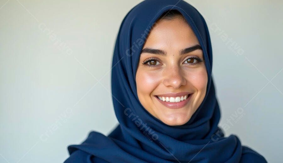 Mulher muçulmana sorrindo feliz com hijab azul em fundo neutro