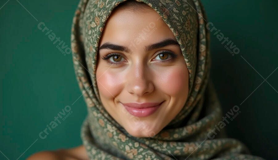 Mulher árabe sorrindo com hijab floral verde em close-up
