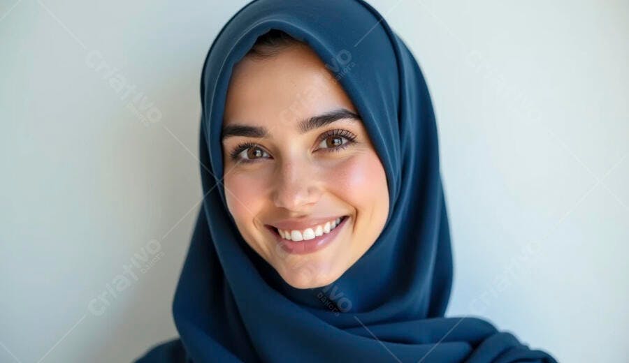 Mulher muçulmana jovem sorrindo feliz com hijab azul marinho