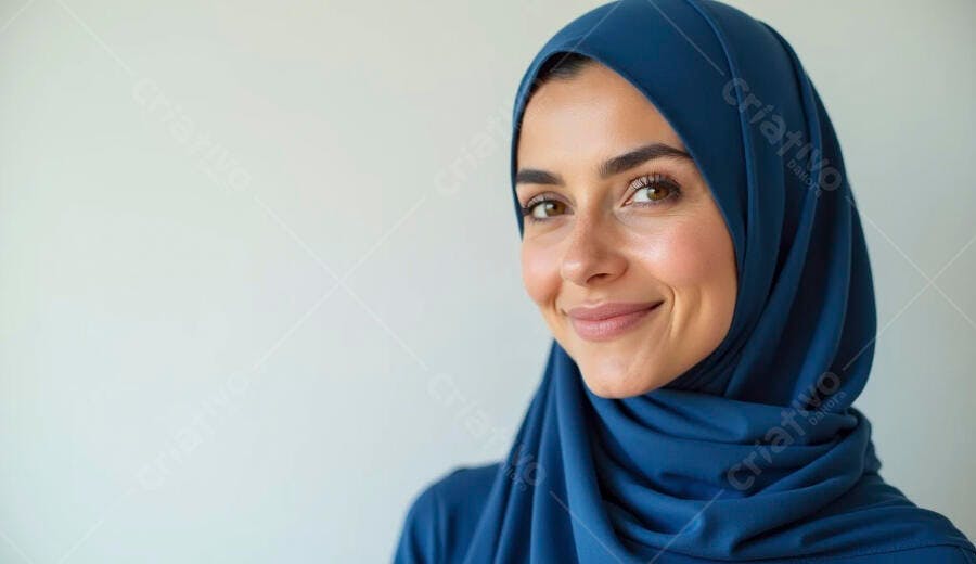Mulher muçulmana sorridente com hijab azul vibrante em fundo neutro