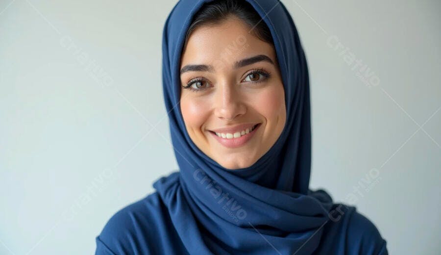 Jovem mulher árabe muçulmana com hijab azul sorrindo em fundo claro