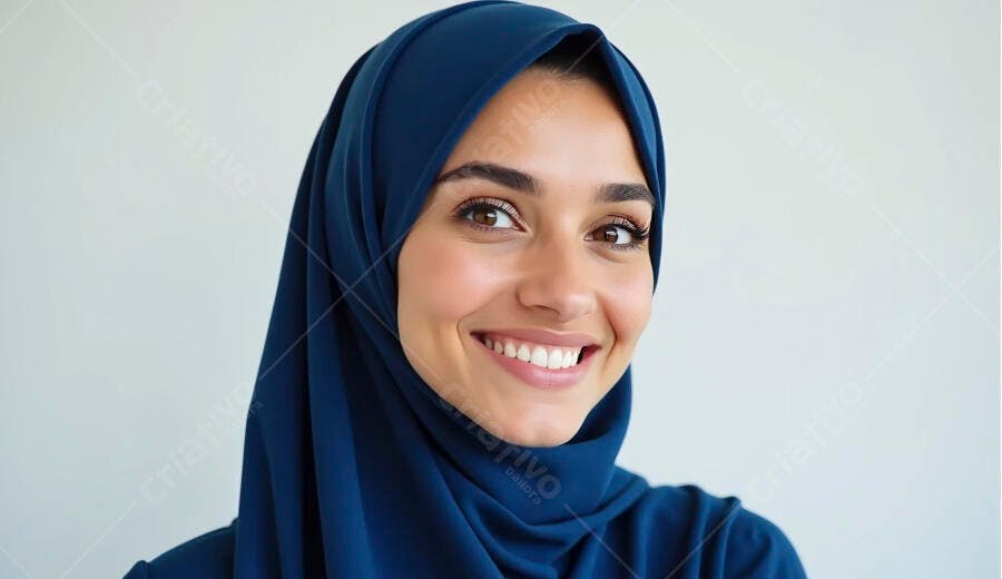 Mulher muçulmana sorrindo com hijab azul em fundo claro
