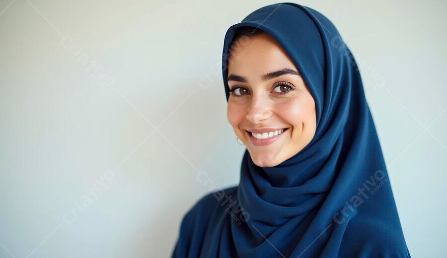 Mulher muçulmana sorridente com hijab azul marinho em estúdio claro
