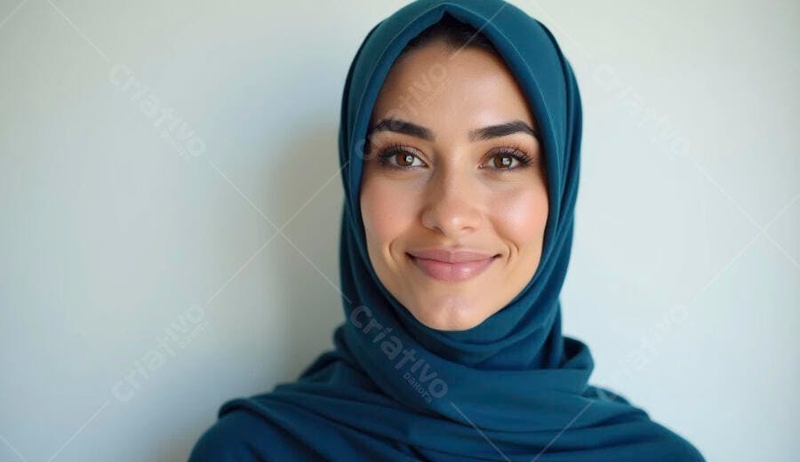 Mulher árabe sorrindo com hijab azul-petróleo em fundo neutro