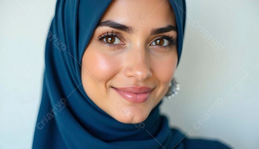 Mulher árabe jovem sorrindo com hijab azul em fundo claro