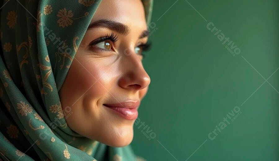 Mulher jovem de hijab verde e dourado sorrindo gentilmente