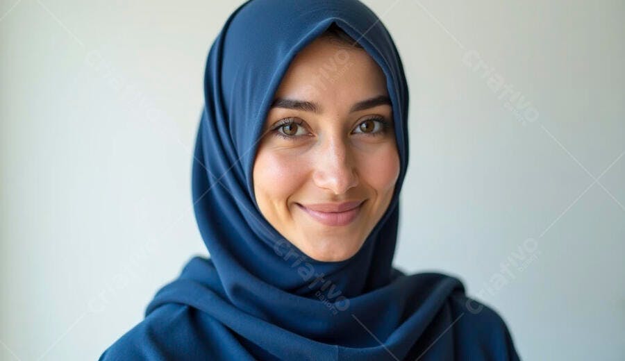 Mulher com hijab azul sorrindo olhando para a câmera