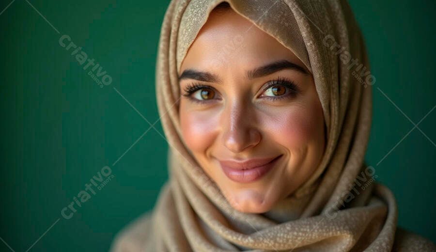 Mulher árabe sorrindo com hijab bege e fundo verde