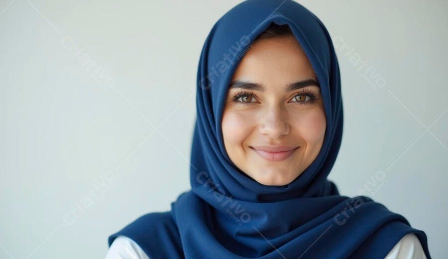 Jovem mulher muçulmana sorrindo com hijab azul em estúdio moderno
