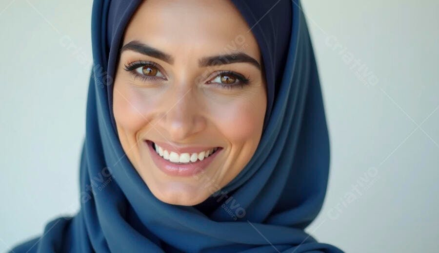 Mulher muçulmana sorridente com hijab azul feliz e confiante
