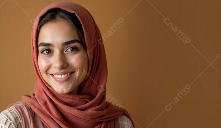 Mulher jovem sorridente com hijab terracota em fundo marrom