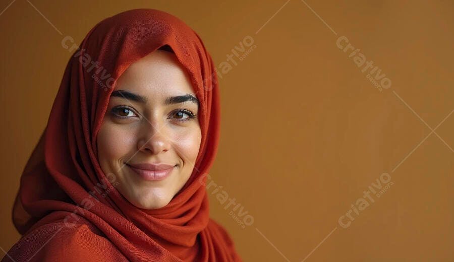 Mulher árabe jovem com hijab terracota sorrindo gentilmente