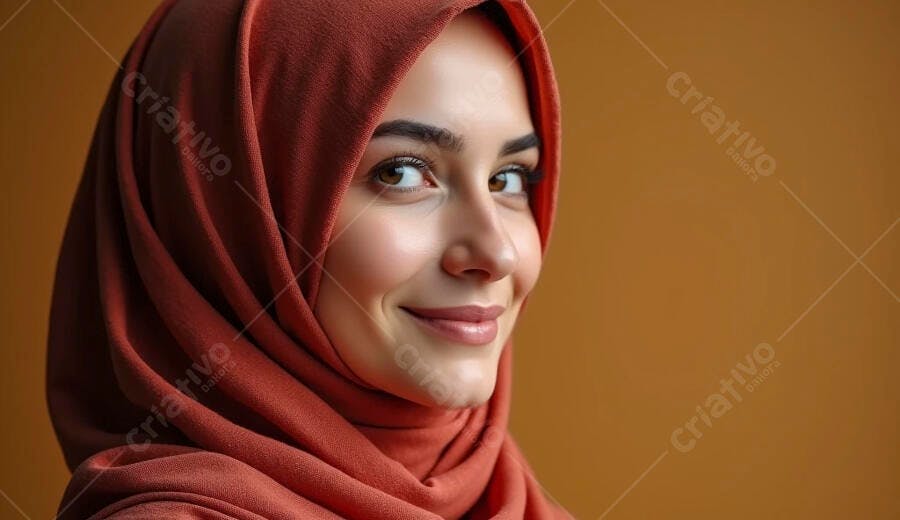 Mulher sorrindo com hijab terracota em fundo ocre