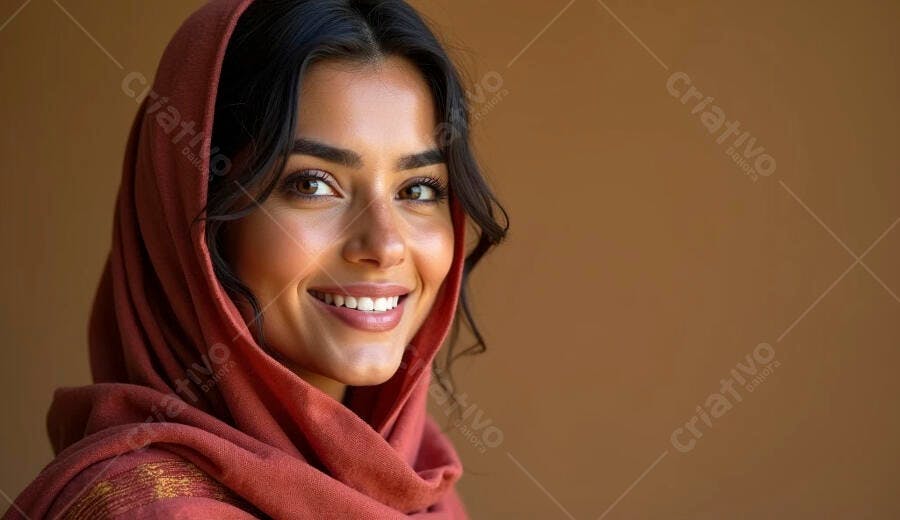 Mulher sorrindo com hijab terracota contra fundo neutro