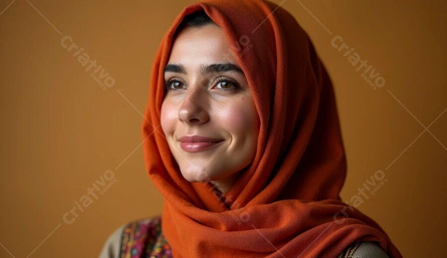 Mulher jovem com hijab laranja sorrindo levemente em fundo marrom