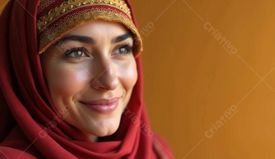 Mulher árabe sorrindo com hijab vermelho e dourado em fundo vibrante
