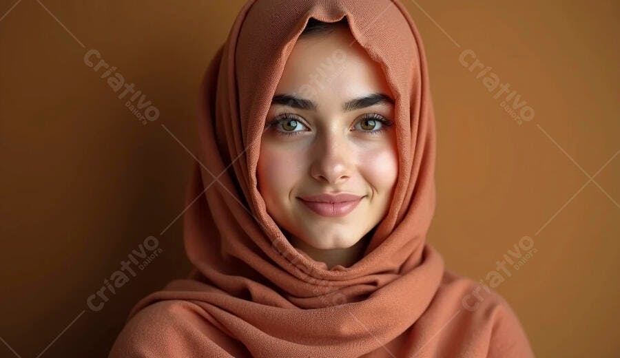 Mulher jovem sorrindo de hijab salmão em fundo marrom claro