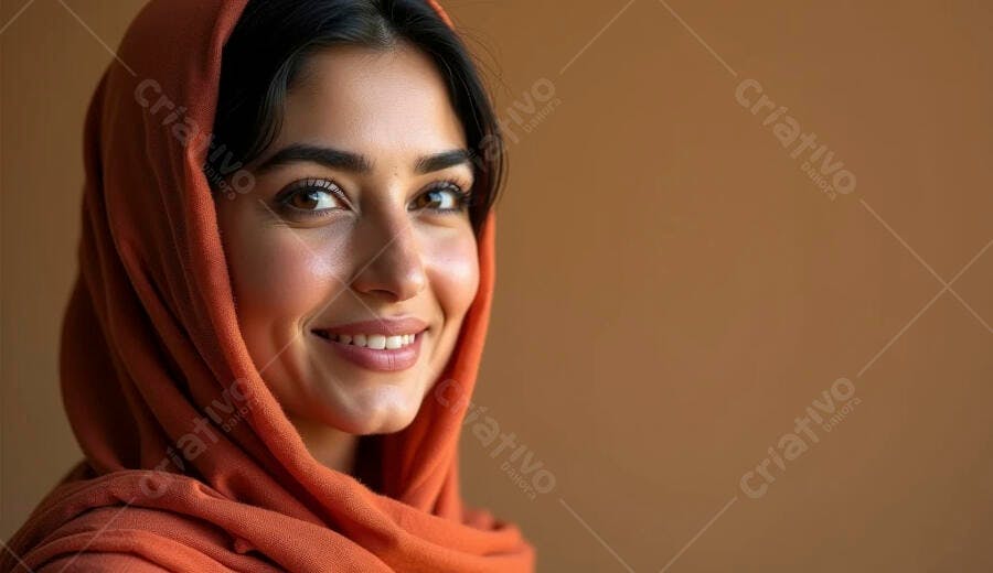Mulher jovem sorrindo com lenço hijab laranja fundo marrom neutro