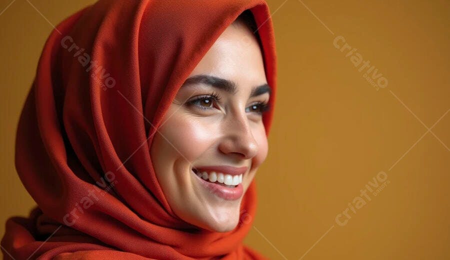 Mulher sorrindo com hijab laranja em fundo amarelo vibrante