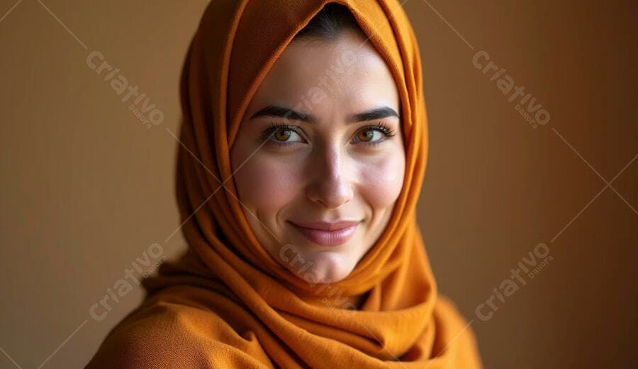 Mulher muçulmana jovem sorrindo usando hijab laranja em retrato caloroso