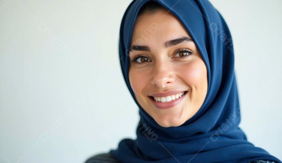 Mulher muçulmana jovem sorrindo com hijab azul em fundo claro