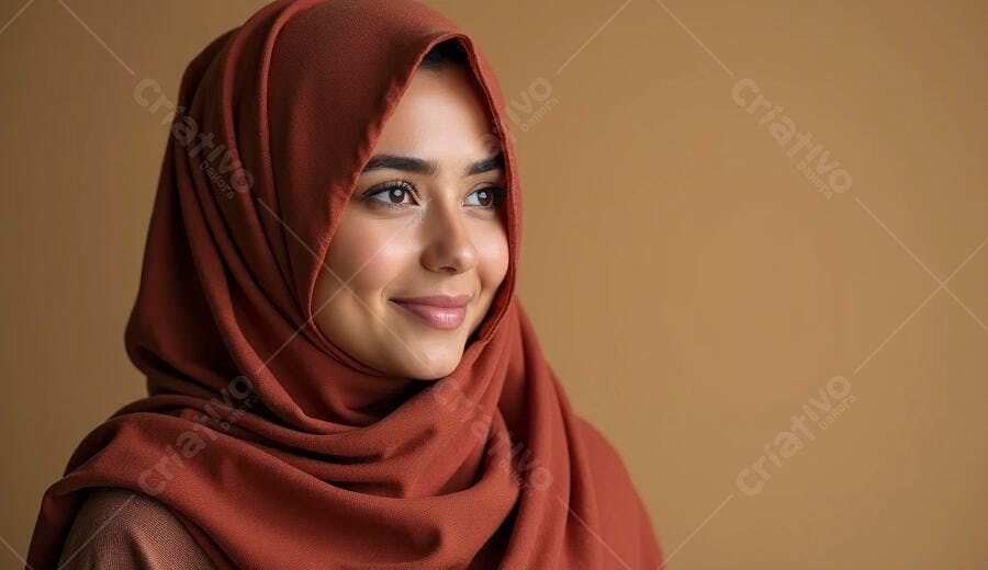Mulher jovem árabe sorrindo com hijab terracota e fundo neutro