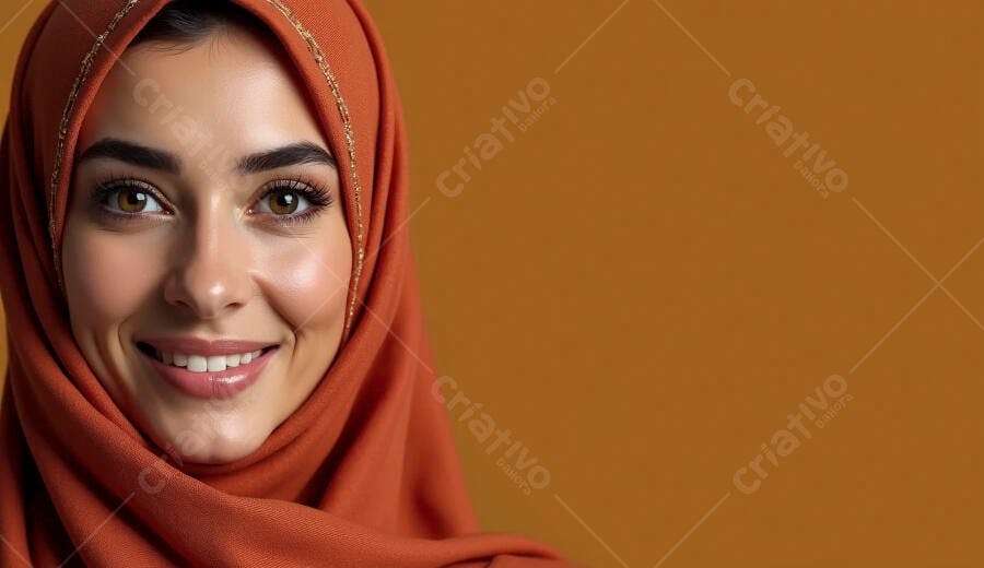 Mulher muçulmana jovem sorrindo amigavelmente com hijab laranja terracota em fundo marrom claro