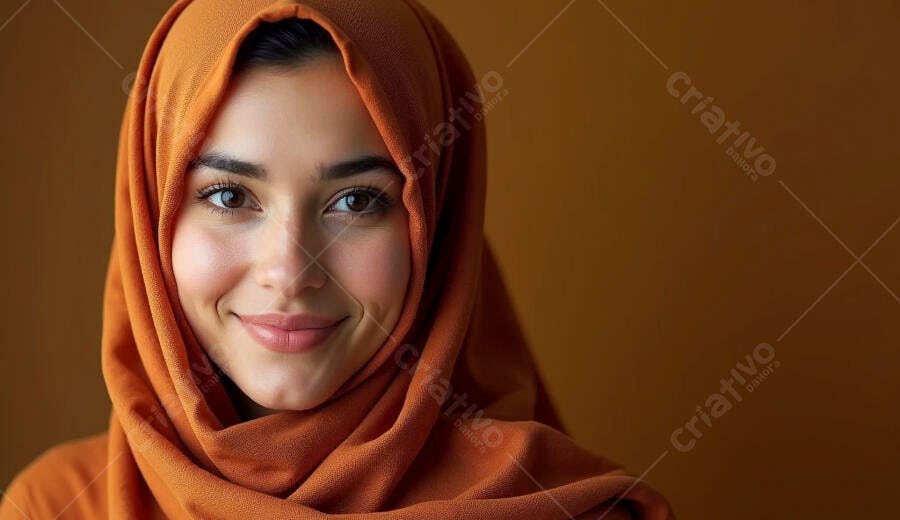 Mulher muçulmana jovem com hijab laranja sorrindo gentilmente