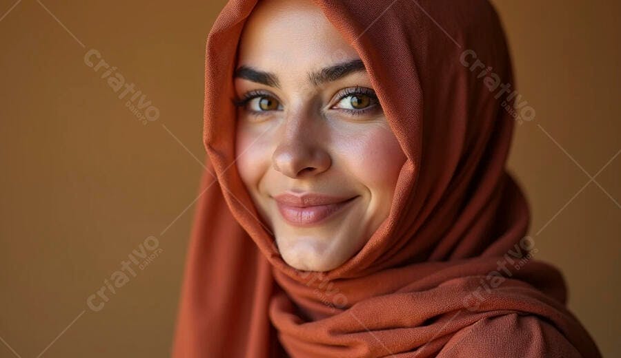 Mulher árabe sorrindo com hijab terracota em close-up
