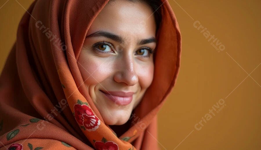 Mulher jovem de etnia árabe com hijab laranja floral sorrindo