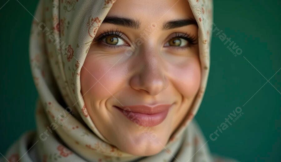 Mulher muçulmana sorrindo com hijab estampado e olhos verdes