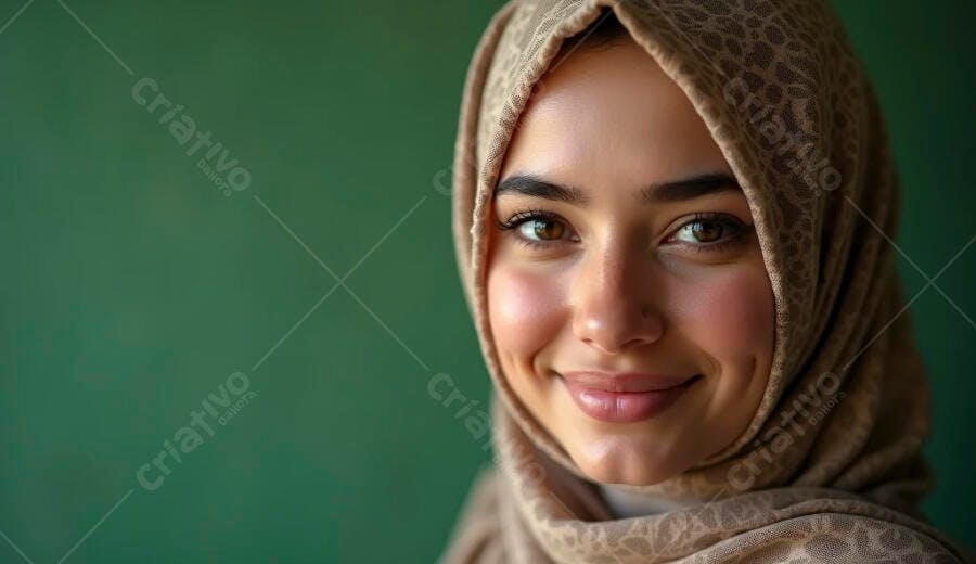 Mulher muçulmana jovem sorrindo com hijab bege em fundo verde vibrante