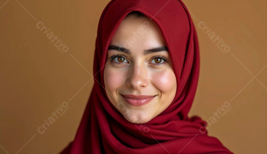 Mulher muçulmana feliz com hijab vinho sorrindo em retrato de estúdio