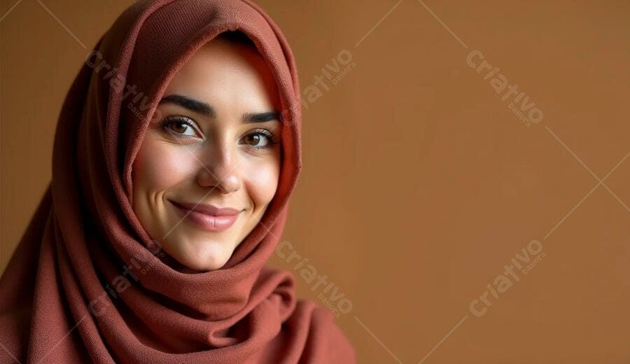 Mulher jovem com hijab marrom sorrindo em retrato de estúdio