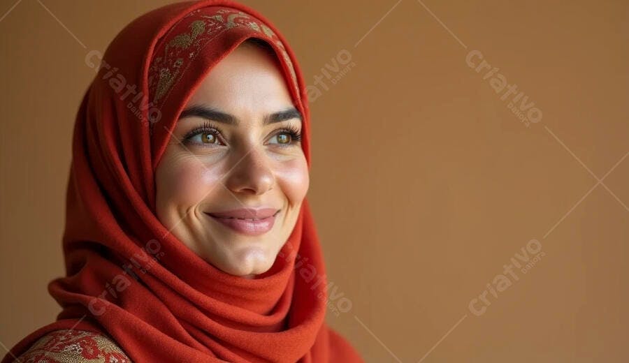 Mulher muçulmana jovem sorrindo com hijab vermelho e dourado em fundo marrom