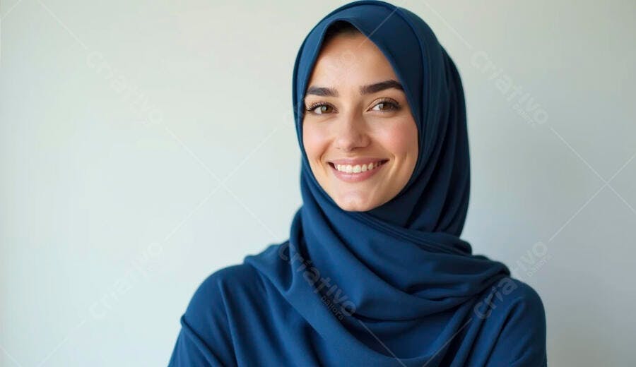 Mulher muçulmana jovem sorrindo com hijab azul em fundo claro