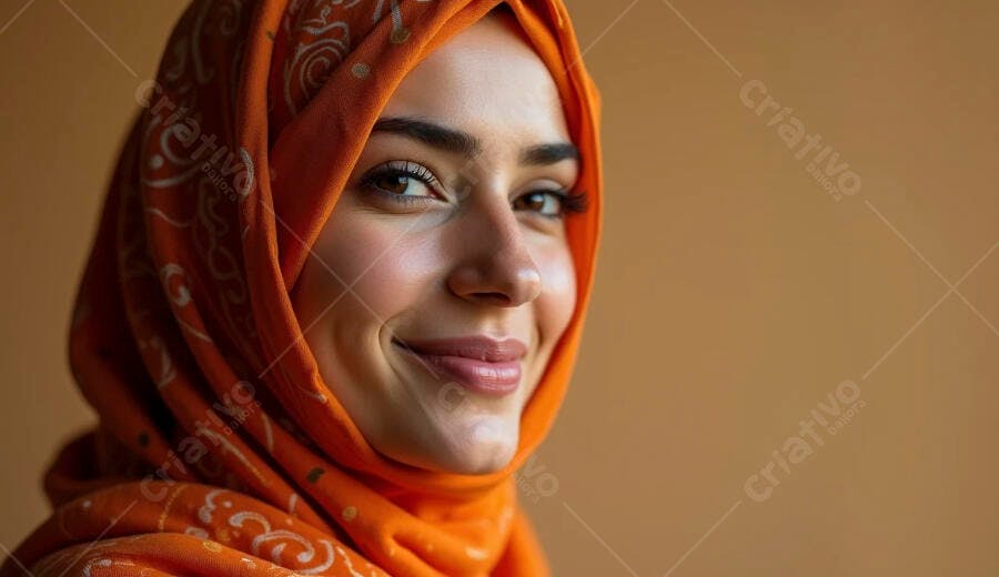 Mulher árabe jovem sorrindo com hijab laranja estampado em retrato caloroso