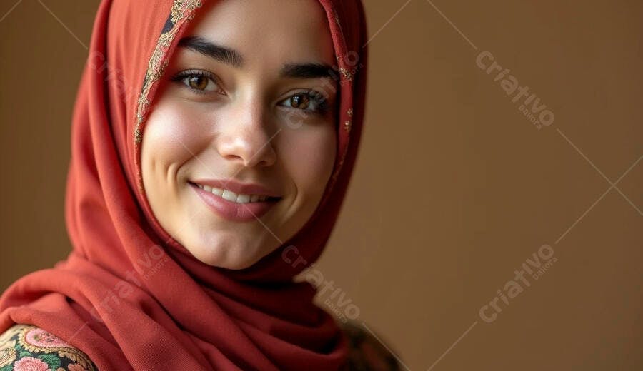 Mulher árabe jovem feliz com hijab terracota e sorriso genuíno