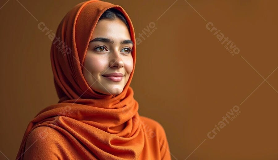 Mulher sorridente com hijab laranja em fundo marrom quente
