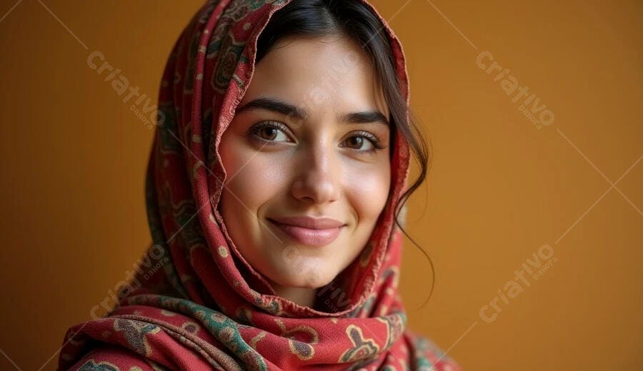 Mulher jovem de etnia árabe sorrindo com hijab estampado vermelho e verde