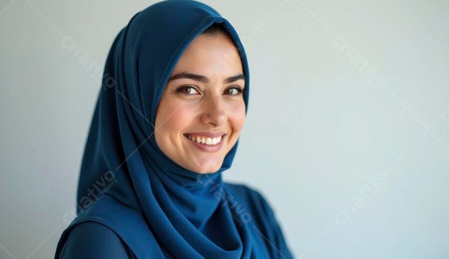 Mulher muçulmana jovem sorrindo com hijab azul em estúdio claro