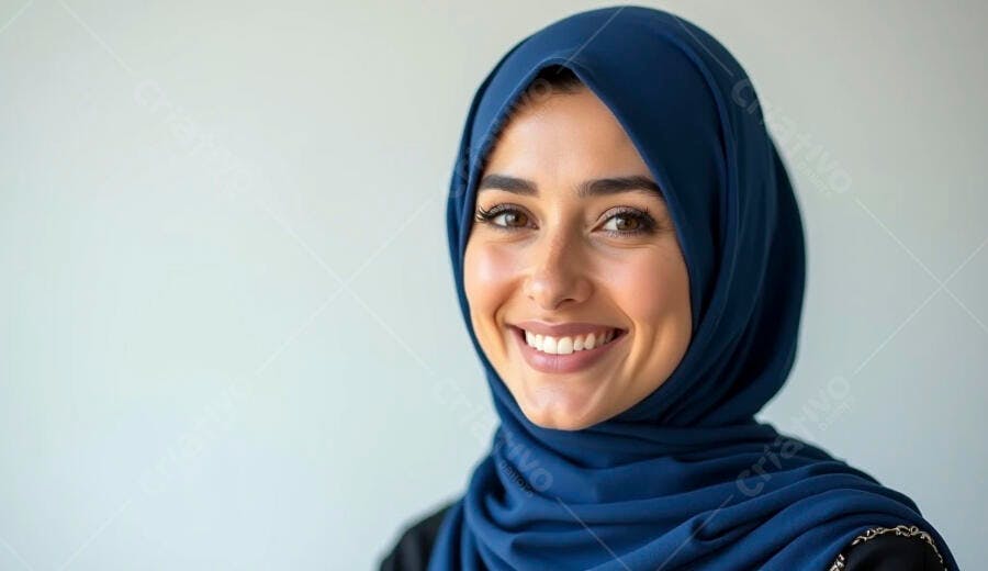 Mulher árabe feliz com hijab azul escuro e sorriso acolhedor em fundo claro