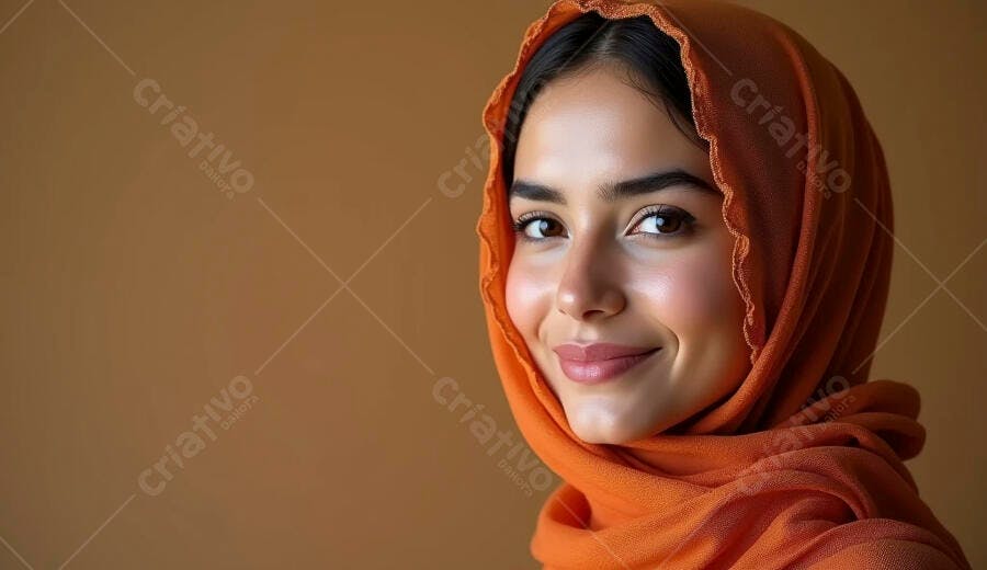 Mulher jovem com hijab laranja sorrindo gentilmente em fundo marrom claro