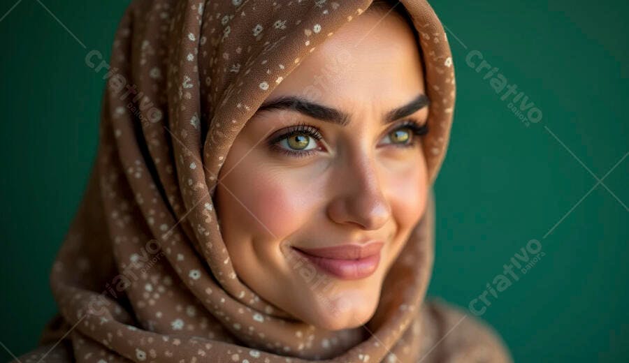 Mulher muçulmana de olhos verdes sorrindo com hijab marrom e fundo verde