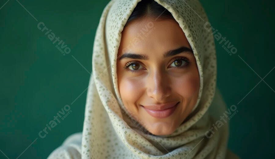 Mulher árabe sorrindo com hijab creme em close-up em fundo verde